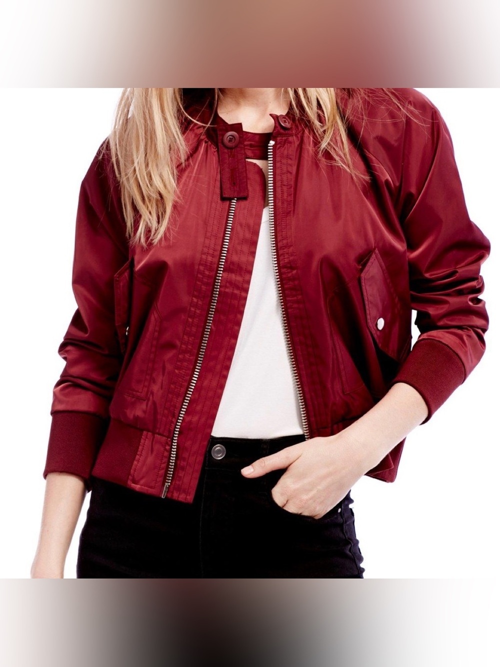 Free People XS Burgundy Cropped Bomber Jacket Utility Pocket Zip Front